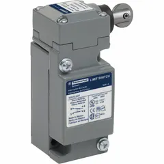 Side-mount limit switch with steel roller plunger actuator and screw clamp terminals. Part of the 9007C series. Used for position sensing in industrial machinery such as conveyors and packaging equipment.