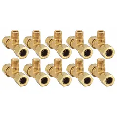 Brass compression fitting for creating branch connections in tubing systems. Self-aligning design facilitates assembly. Suitable for pneumatic, hydraulic, and instrumentation applications requiring leak-tight seals without soldering or welding. Supplied in a 10-pack.