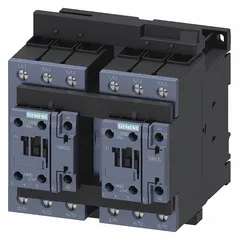 This reversing IEC contactor controls forward and reverse rotation of three-phase AC motors by interchanging two power phases. It has 3 poles, 3 normally open contacts, a 65 A rating, and a 120V AC coil. No integrated surge suppression. Suitable for bidirectional motor control in industrial applications such as conveyors, pumps, and hoists.