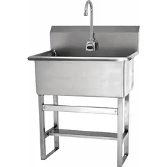 This one-station freestanding hand sink features a battery-powered sensor faucet for hands-free operation. The bowl measures 22 inches in length and 10 1/2 inches in depth, with a flow rate of 2 gpm. Side splash is not included. Suitable for commercial environments requiring convenient hand washing.
