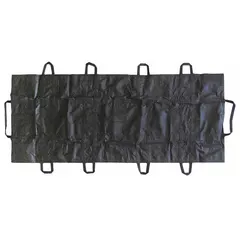 This patient stretcher measures 76 inches in length by 30 inches in width and is finished in black. It is designed for transferring and transporting patients within healthcare facilities.