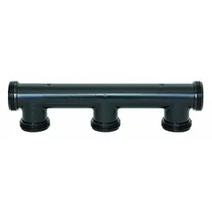 PVC irrigation manifold with 1" male iron pipe thread connection. Maximum working pressure of 350 psi. Dimensions: 1.75 in width, 10 in height. Used to distribute water from a main supply line to multiple branch lines in irrigation systems.