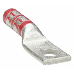 This one-hole compression lug is designed for terminating 8 AWG stranded copper wire to a 1/4 in stud or bus bar. Made of copper, the long barrel accommodates secure crimping for low-resistance connections in electrical panels and switchgear.