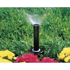 Pop-up spray head for watering shrubs and garden beds. Adjustable pattern with throw radius of 8 to 15 ft, flow rate of 0.50 gpm, and pressure range of 15 to 70 psi. Constructed with plastic body and stainless steel spring.