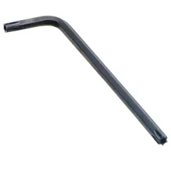 L-shaped security Torx key with T45 tip size, two tips, and a standard end. Made from alloy steel with black oxide finish. Designed for long-reach applications on tamper-resistant Torx fasteners with a center pin.