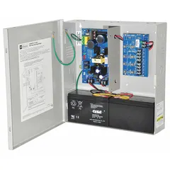 The ALTRONIX AL400ULPD4 is a power supply board housed in a steel enclosure, operating on 115V AC input. It provides selectable output of 12VDC at 3.5A or 24VDC at 3A, with four fuses for circuit protection. Typical applications include powering security, access control, and fire alarm systems.