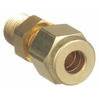 Brass double-ferrule compression fitting adapter with Compression x MNPT configuration. Connects 3/8 in OD tubing to a 3/8 in male NPT threaded port. Suitable for instrumentation, hydraulic, and pneumatic systems requiring leak-free sealing. Compatible with Parker A-LOK fitting brands