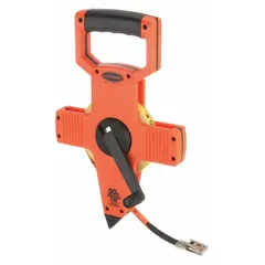 Manual open-reel long tape measure with a 50 ft / 15 m fiberglass blade. Features double-sided Metric/SAE/Engineers scale with 2 mm graduations, nonmagnetic double hook, and plastic case. Suitable for measuring long distances in construction, surveying, and engineering applications.