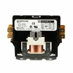 Single-phase definite purpose contactor with 1NO main pole contact form, rated 30 A at 208-240V AC coil voltage, maximum 600V AC. Quick-disconnect terminals. Suitable for HVACR equipment such as air conditioning, refrigeration, and heating systems.