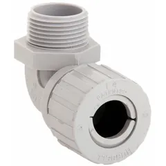 This 90° nylon cord connector provides liquid-tight sealing and strain relief for electrical cables entering junction boxes. With a 1 in MNPT box connection, it accepts cord diameters from 0.88 in to 1.00 in and measures 2 in from box to connector end. The gray nylon body and color-coded gray grommet offer IP66 protection and Class I, Division 2 hazardous location suitability.