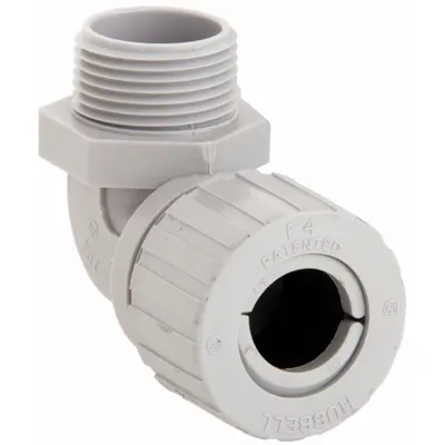 HUBBELL WIRING DEVICE-KELLEMS Liquid Tight Cord Connector: Nylon, 1 in MNPT, 0.88 in to 1.00 in - 90° Plastic Cable Grips
