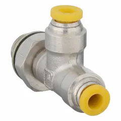 This nickel-plated brass tee fitting has push-fit connections for 4 mm OD tubing and a 1/8" male pipe thread. It is used to branch pneumatic or low-pressure fluid lines in industrial systems. Overall length is 19 1/16 mm.
