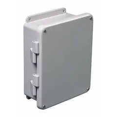 This fiberglass enclosure measures 13 x 11 x 6 inches and features a hinged solid cover secured with screws. Rated NEMA 12, 4X, and 6P, it provides protection against dust, water, corrosion, and temporary submersion. Suitable for housing electrical controls and instruments in demanding indoor or outdoor environments.