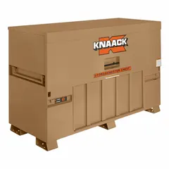Drop-front jobsite box with 57.5 cubic foot capacity. Measures 72 inches wide by 30 inches deep by 49 inches high. Tan finish. Includes proprietary recessed padlock for security. Suitable for organized storage and transport of tools and equipment on job sites.