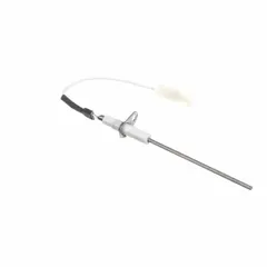 Flame sensor for gas-fired heating equipment. Detects flame presence via rectification to signal the control board, ensuring the gas valve remains open only when a flame is confirmed. Used as a safety device in HVAC systems to prevent unburned gas accumulation.