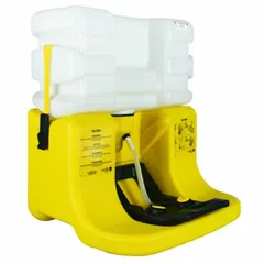 Gravity-fed portable eyewash station with 7 gal capacity for emergency eye irrigation. Includes universal identification sign. Meets ANSI Z358.1-2014 standards. Refills via jug; water preservative and media sold separately.