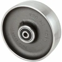 This steel tread wheel has a 10-inch diameter and 3-inch width, with a load rating of 6,500 lb. It is constructed from steel with a silver finish and includes a spanner bushing. Suitable for heavy-duty industrial applications such as material handling carts, platform trucks, and tow-line systems