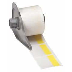 Yellow matte vinyl wraparound label measuring 1 1/2 in x 1 1/2 in. Designed for wire gauges from 10 AWG to 4 AWG. Compatible with BMP71 printer series and requires M71-R4300 ribbon. Used for cable marking in electrical panels, machinery, and maintenance applications.