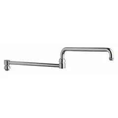 This double-jointed/swivel spout is made of brass with a polished chrome finish. It includes mounting hardware for installation. Suitable for commercial kitchens, laboratories, and industrial wash stations where flexible water delivery and precise positioning over sinks or work areas are required.