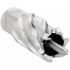 This high-speed steel annular cutter is designed for general cutting in metal fabrication and structural steel work. It features a 1 1/8 in cutter diameter and 1 in maximum cutting depth, with a bright finish and Weldon Flat shank. The included pilot pin aids in accurate hole placement. Suitable for creating clean holes in steel plates and beams.