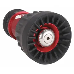This constant pressure automatic fog nozzle offers solid stream and fog patterns via twist activation. Constructed with an aluminum body and rigid GHT base, it is suited for fire suppression in industrial and commercial settings.