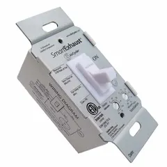 Toggle-style speed control for bathroom exhaust fans. White finish. Operates on 120V AC. Timer control range of 20 to 40 minutes for setting fan run time.