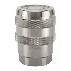 This 71 Series hydraulic quick-connect coupling body is constructed from 316 stainless steel with a nitrile seal. It features a 1-inch coupling size and female national pipe thread (FNPT) connections. Designed for tool-free connection and disconnection of hydraulic lines in industrial systems.