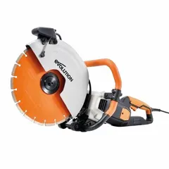Corded handheld concrete saw with 14-inch blade diameter, operating at 120V AC. Supports both wet and dry cutting applications with a maximum blade speed of 3,500 RPM. Suitable for cutting concrete, masonry, and similar materials in construction and renovation tasks.