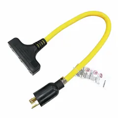 This 2-foot twist-lock plug extension cord adapter features a 12 AWG wire gauge with an L5-20P plug and a 5-15R receptacle. Rated for 125V AC and a temperature range of -40° to 140°F, it is used to connect equipment with a standard 5-15R plug to a twist-lock L5-20P power source, providing a secure connection in industrial or commercial environments.