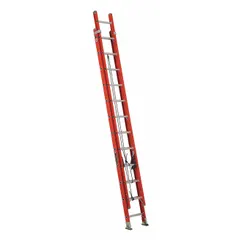 This 24 ft fiberglass extension ladder has a fixed fly and a 300 lb load capacity. The non-conductive fiberglass construction provides electrical insulation for work near live circuits. It weighs 52 lb and is finished in orange. Suitable for industrial maintenance, construction, and electrical applications.