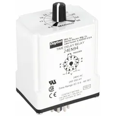 Socket-mounted time delay relay with off-delay function. Rated for 240V AC and 10 A, with 11 pins/terminals. Used in industrial control circuits to keep a load energized for a set time after the control signal is removed, such as in conveyor systems, motor controls, and HVAC equipment.