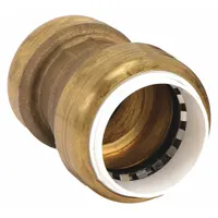 This brass push-to-connect fitting serves as a straight adapter/coupling for joining two tubes of 3/4 in OD. It is used in plumbing and fluid systems to connect copper, CPVC, PEX, or HDPE tubing without soldering or clamping