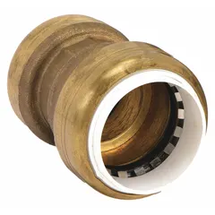 This brass push-to-connect fitting serves as a straight adapter/coupling for joining two tubes of 3/4 in OD. It is used in plumbing and fluid systems to connect copper, CPVC, PEX, or HDPE tubing without soldering or clamping.