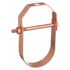 Copper-plated steel clevis hanger for supporting 3/4 in pipe from 3/8 in threaded rod. Non-cushioned design with a load capacity of 215 lb. Suitable for suspending piping in commercial and industrial systems such as HVAC, plumbing, and mechanical installations.
