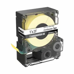 Combined label and ribbon cartridge in yellow matte vinyl, rated for outdoor use. Measures 15/16 in x 23 ft. Compatible with MP Series Printers. Used for industrial labeling such as cable marking, asset tags, and safety identification in environments requiring weather and UV resistance.