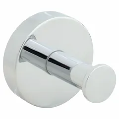 This metal robe hook from KOHLER features a polished finish and measures 2 in x 2 in x 1 7/8 in. It includes an installation template and tools for mounting. Suitable for hanging robes, towels, or garments in residential or commercial washrooms.