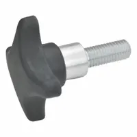 Plastic 4-prong knob with steel threaded stud, 50 mm diameter, M10 thread. Used for manual adjustment and clamping on machinery, jigs, and fixtures
