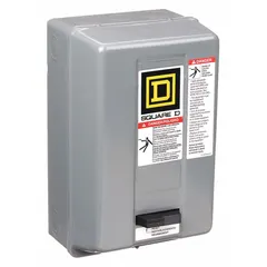 This enclosed non-reversing starter is designed for starting and protecting single-phase AC motors. It features a NEMA Size 1P, 2-pole configuration rated at 36 A with a 220/240V AC coil. Screw clamp terminals provide secure wiring connections. One melting alloy thermal unit is required but not included. Suitable for applications such as conveyors, pumps, and fans.