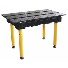 Fixed-height modular welding table with a nitrided surface and 5/8 in diameter holes. Depth 22 in, width 38 in, weight capacity 1,300 lb. Suitable for fixturing and clamping in welding and fabrication applications.