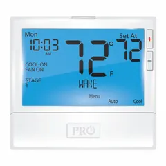 Square push-button thermostat for heat and cool systems. Supports 2H/2C conventional and 3H/2C heat pump staging with automatic changeover and 7-day programming. Temperature control range 44° to 90°F. Terminal designations: Y2, B/C/G/O/RC/RH/W2/W/E.