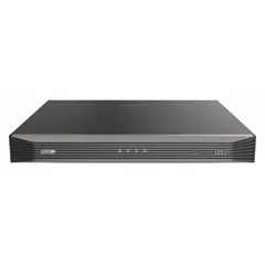 Network IP video recorder supporting up to 16 camera inputs. Features HDMI, RCA, and VGA output, continuous recording modes, and a 10/100/1000 Mbps network interface. Compatible with H.264 and H.265 video compression formats. Used for centralized recording and management in security surveillance systems.
