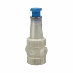 Polypropylene pressure regulator with FKM seals, 1/2 in NPT inlet and outlet connections. Designed for corrosive and ultra-pure liquid applications where chemical resistance and fluid purity are required.