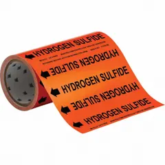 Orange adhesive pipe marker with black legend text reading 'Hydrogen Sulfide' and directional arrows. Designed for pipes with an outside diameter of 2 inches and smaller. Supplied on a roll of 30 markers for convenient application in industrial piping systems.