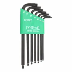 This 7-piece set includes L-shaped ball end Torx keys in sizes T10, T15, T20, T25, T27, T30, and T40. Each key has a single ball end and two tips, with a black oxide finish. The ball end design allows angled access to recessed fasteners, suitable for assembly, repair, and maintenance tasks.