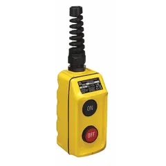 Push-button pendant with two maintained push buttons (On/Off), 1NO/1NC contact configuration. Thermoplastic NEMA 4 enclosure with dead-end hub. AC contact rating 0.75 A at 480 V, DC 0.2 A at 600 V. Used for remote control of industrial equipment such as cranes, hoists, and conveyors.