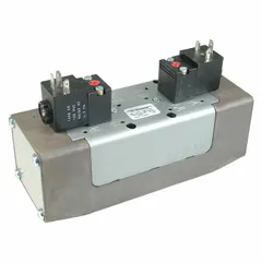 Double solenoid, five-way, three-position directional control valve from the CERAM series. Features internal pilot, detent, and non-locking manual override with exhaust function. Operates on 24V DC. Suitable for pneumatic actuator control in industrial automation applications requiring mid-position stopping.