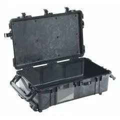Suitcase-style protective case with interior dimensions of 16 1/2 in x 28 1/8 in x 9 1/4 in. Features double-throw closure and is mobile with wheels. Weighs 23 lb, black, no foam included. Suitable for transporting sensitive equipment, tools, or instruments in demanding environments.