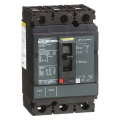 125 A, 3-pole molded case circuit breaker with 25kA interrupting rating at 240V AC. Fixed mount with line/load lug terminals. ABC phase configuration in an HD frame. Suitable for overload and short-circuit protection in panelboards, switchboards, and motor control centers.