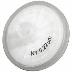 This non-sterile syringe filter features a 0.22 µm nylon membrane in a polypropylene housing with a 13 mm diameter. It has a female Luer Lock inlet and male Luer Slip outlet, with a 10 mL maximum capacity. Suitable for filtration of small-volume samples in laboratory applications such as HPLC sample preparation and solvent filtration.