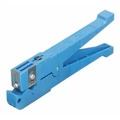 Hand tool for stripping RG-8 coaxial cables. Features a rounded edge blade and cut action. Overall length 8 in. Used in telecommunications and data network installations for precise cable preparation.